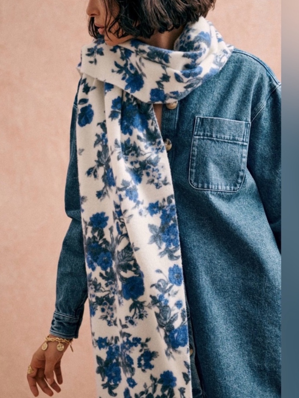 SEZANE Blue & White Floral Printed Soft  Long 100% Wool Scarf Lorina Scarf